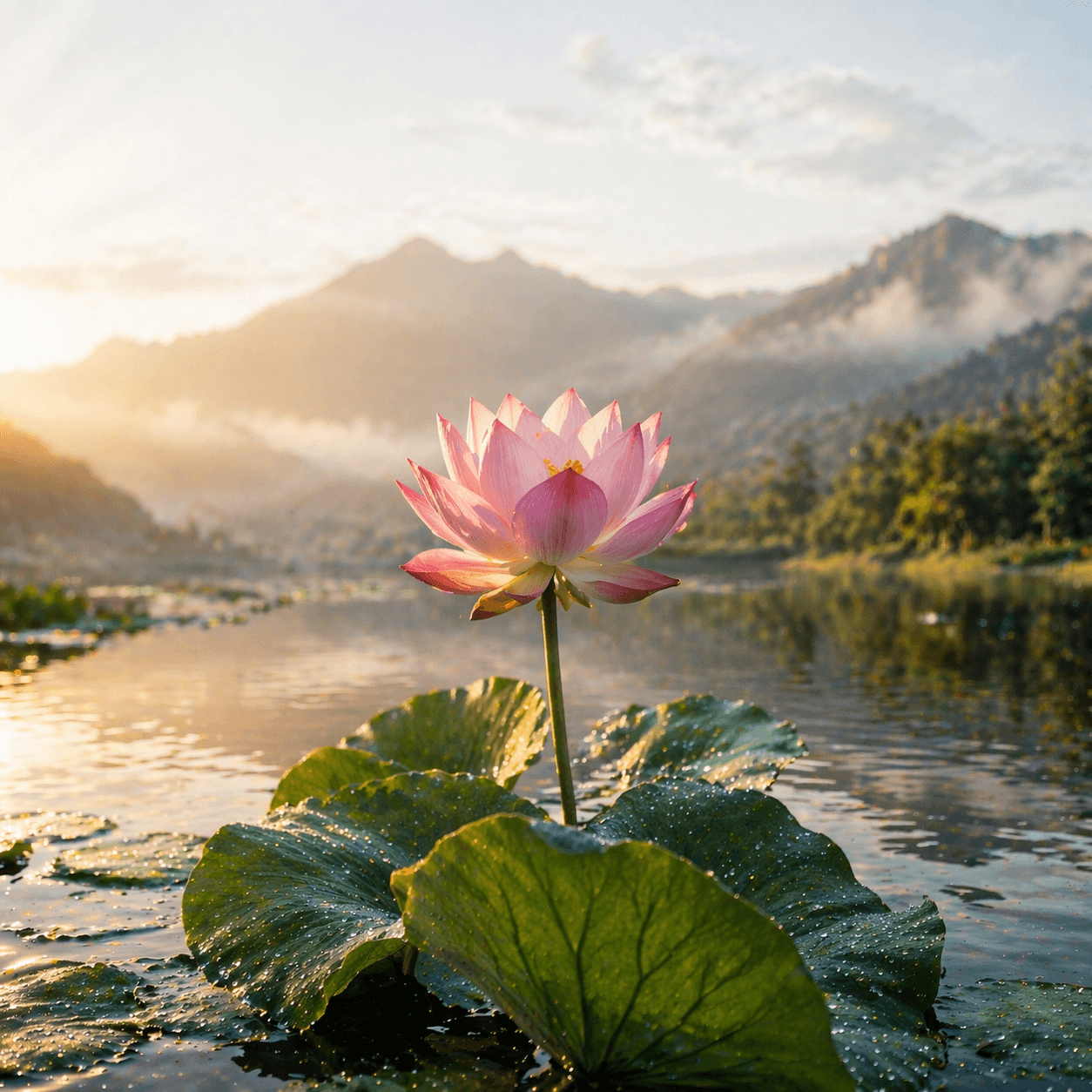 A pink lotus blooming above lily pads at sunrise over misty mountains and still water