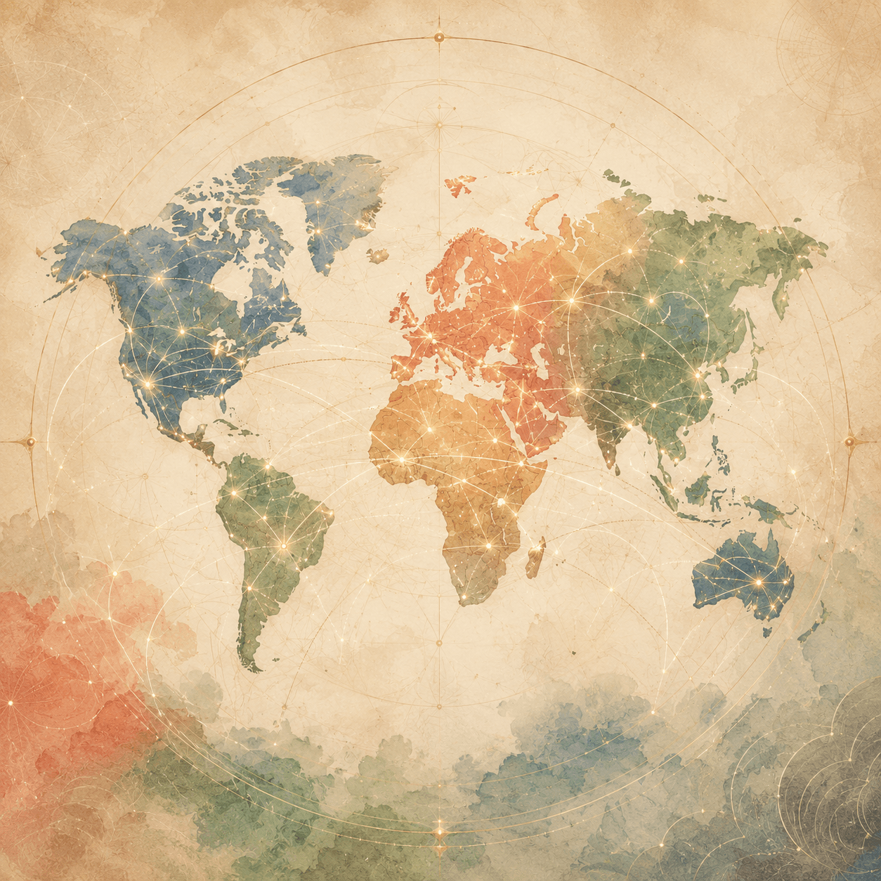 Vintage watercolor world map, its continents linked by faint lines and points of light