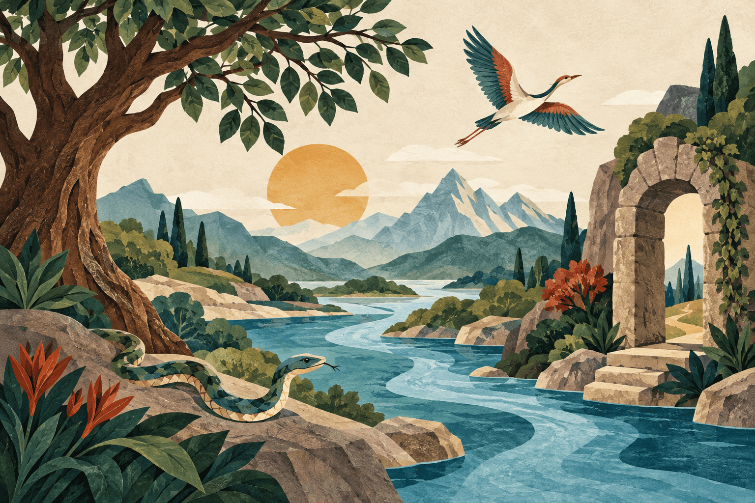 A winding river passes a snake, tree and stone doorway, with a bird and mountains beyond.