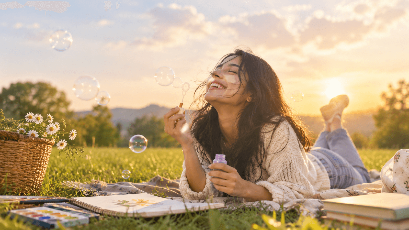 A woman blowing bubbles beside a sketchbook and paints in a sunlit meadow.