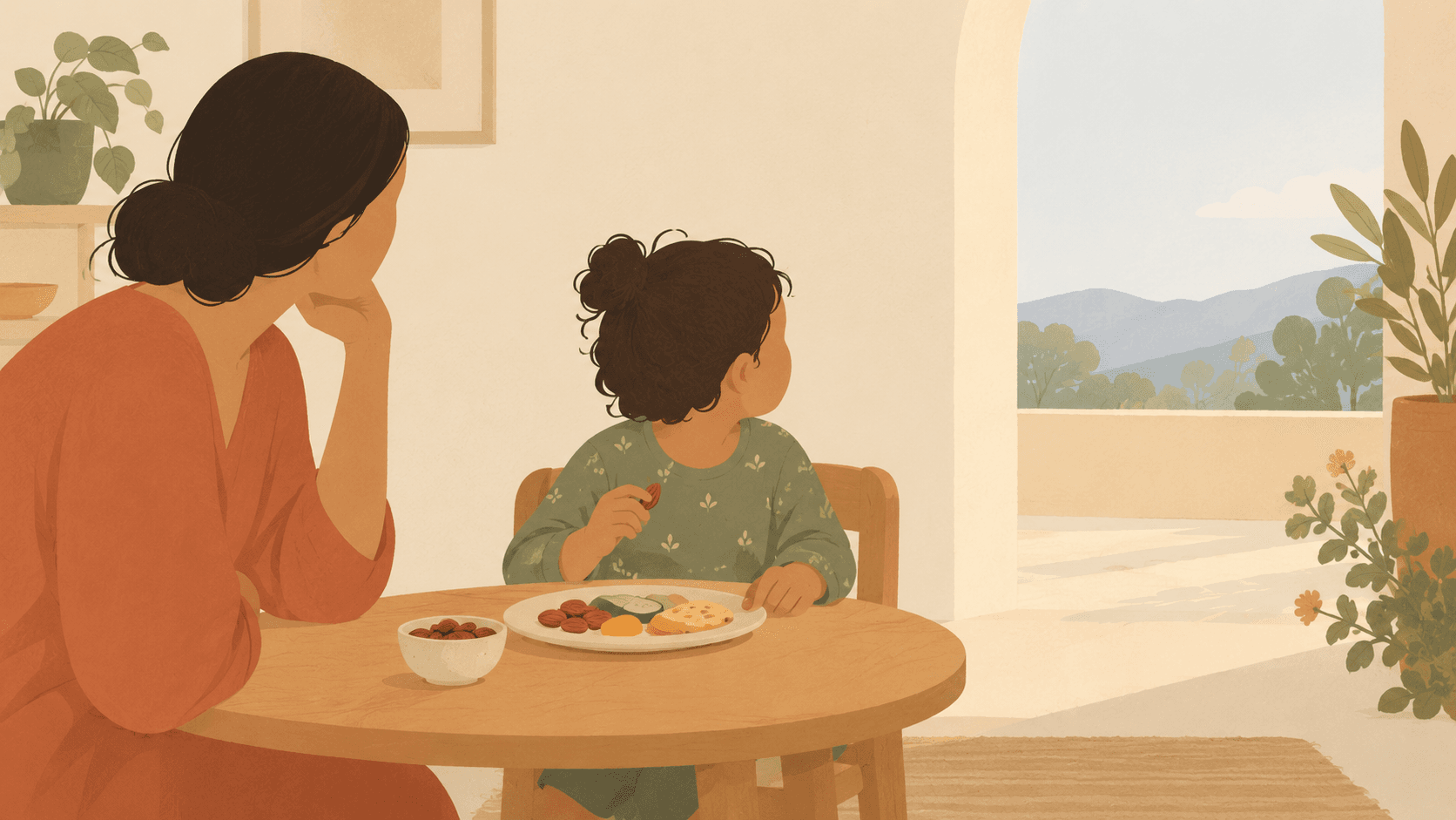 Illustration of a mother and child sharing a meal at a table.